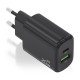 Cargador GaN 20W, 1xUSB-C PD3.0, 1xUSB-A QC3.0, Negro